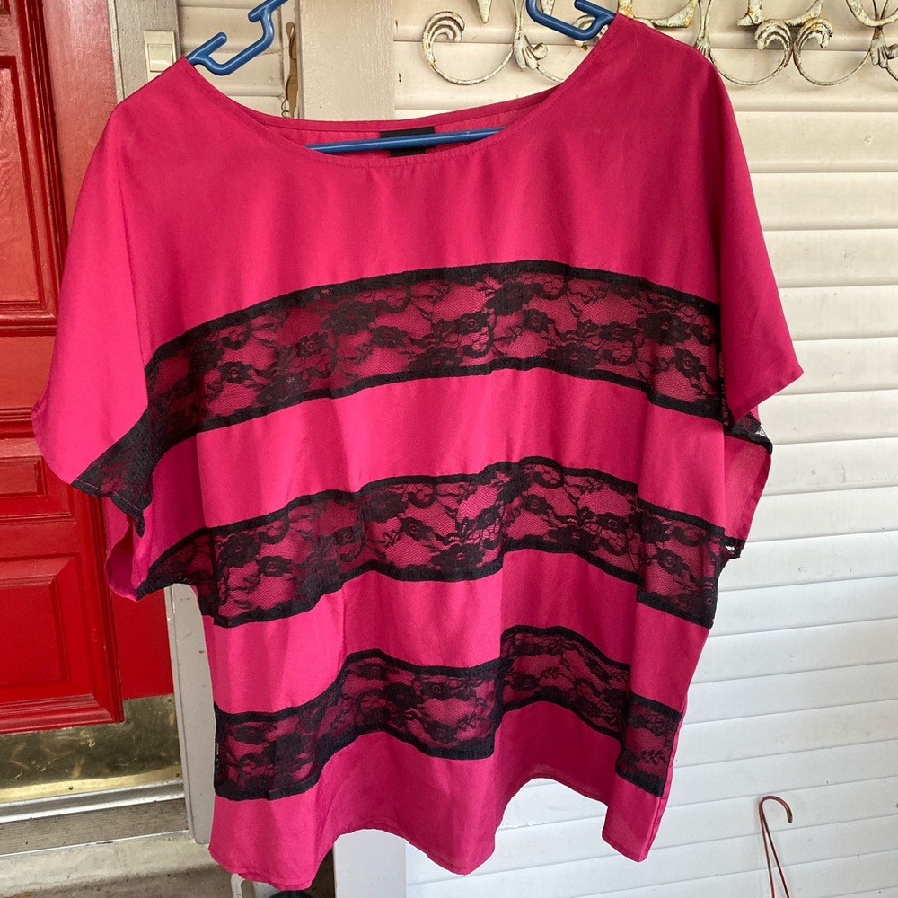 Torrid pink with black lace blouse